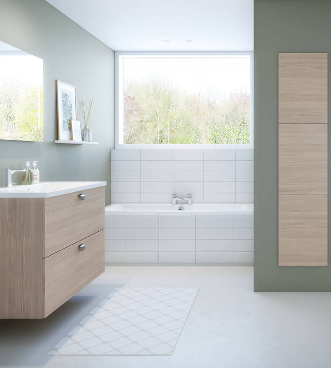 Baderomsmodell med slette fronter med liggende trestruktur.