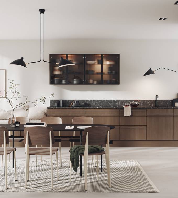 Brunbeiset eik kjøkken i skandinavisk design, slett eikefinert front og vitrineskap med bølget glass og sort metallramme, sort marmor benkeplate og håndtag i matchende brunbeiset eik, sort accessoarer