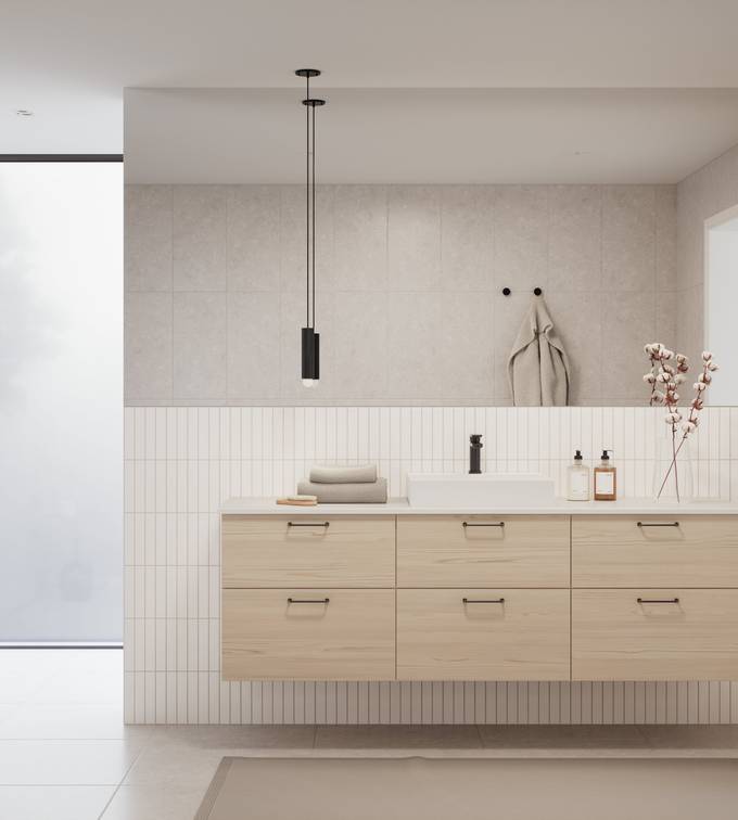 Baderom Vanilje lys alm med sorte håndtak, sort kran og hvit porselensvask