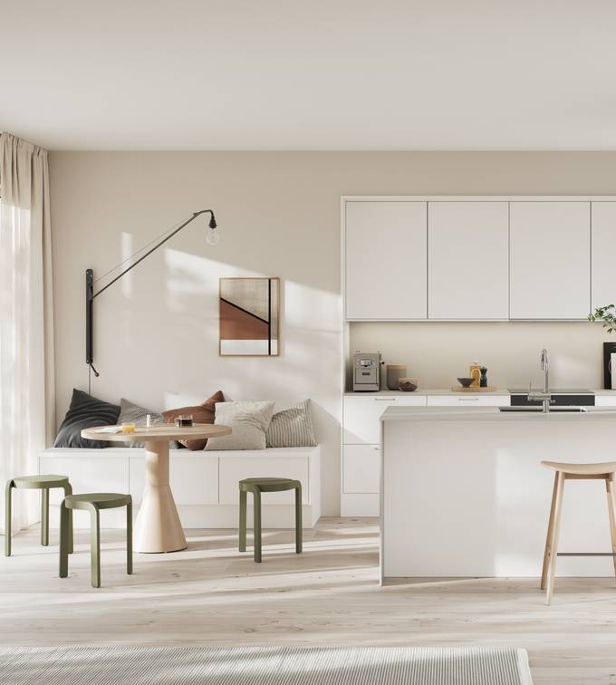 Moderne kjøkken i hvit høytrykkslaminat med betong laminatbenkeplate, stål håndtak, bardisk i kjøkkenøya med tre stoler og sittbenk i matchende skap med spisebord i lys tre