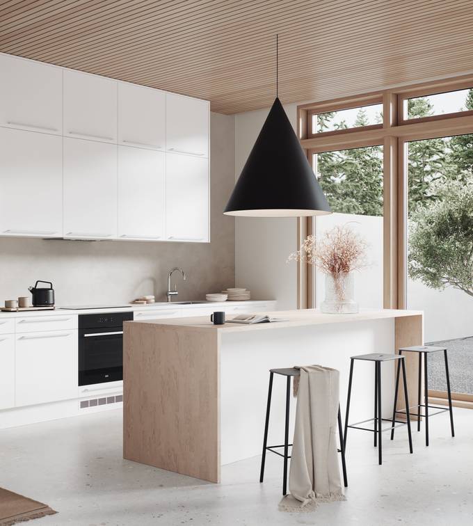 Svært prisgunstig hvit kjøkken med rengjørings-vennlige fronter med laminatbenkeplate eik, bardisk og krom håndtak