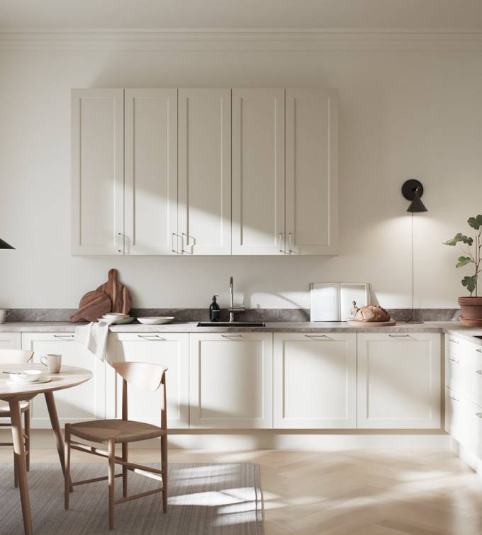 Tidløs beige kjøkken som har en 5-delt speilfront med profilert innerkant og slett speil, stål håndtak og kran, grå marmor benkeplate med spisebord og stoler i lys tre.