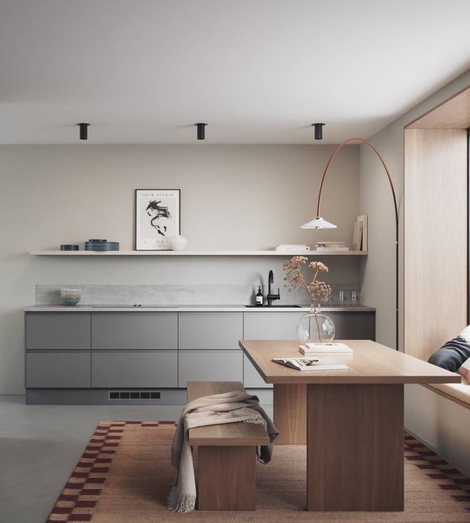 Mellomgrå kjøkken med integrerte grep, før en innredninsløsning som er lineær og grafisk velskapt, med tre spisebord och sittbænk