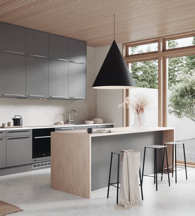 Svært prisgunstig mørk grå kjøkken med rengjørings-vennlige fronter med laminatbenkeplate eik, bardisk og krom håndtak