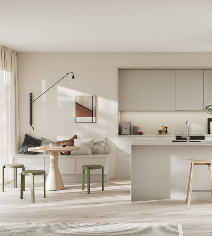 Moderne kjøkken i beige høytrykkslaminat med betong laminatbenkeplate, stål håndtak, bardisk i kjøkkenøya med tre stoler og sittbenk i matchende skap med spisebord i lys tre