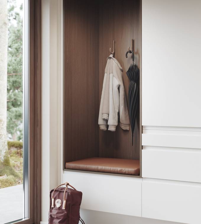 Magnora Garderobe er tidløs eleganse kombinert med orden, de innfreste grepene i frontene gir et grafisk, funksjonelt og minimalistisk uttrykk