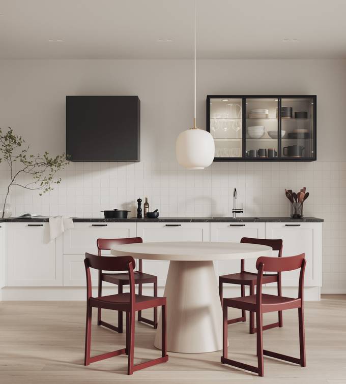 Lys grå kjøkken i shakerstil, front med ramtre og slett fylling som passar både tradisjonell og moderne stil