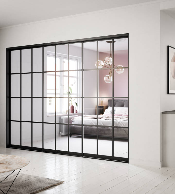 Skyvedører med glass i sort metallramme