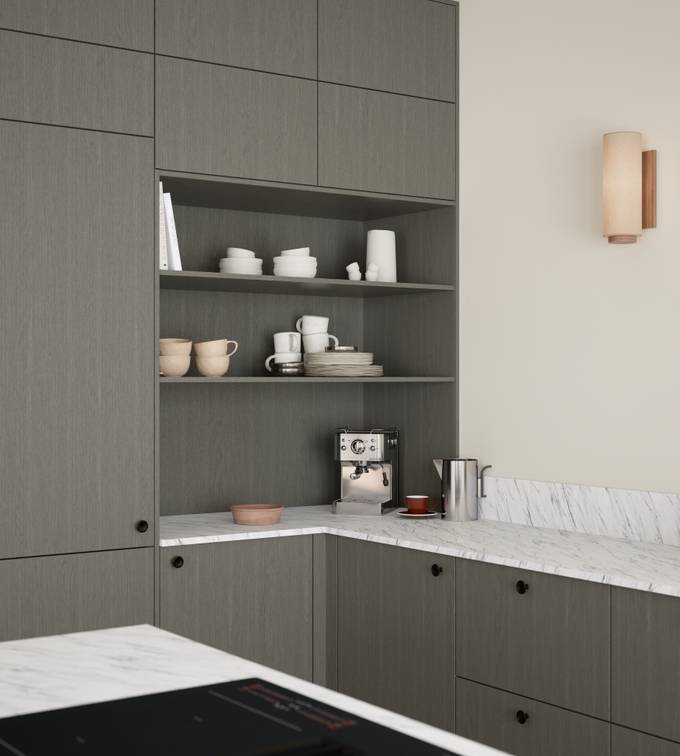 Favn er et kvalitetskjøkken inspirert av naturen. En vakker front i stående finer som gir hele kjøkkenet liv.