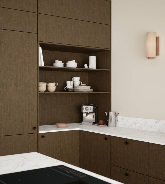 Favn er et kvalitetskjøkken inspirert av naturen. En vakker front i stående finer som gir hele kjøkkenet liv.