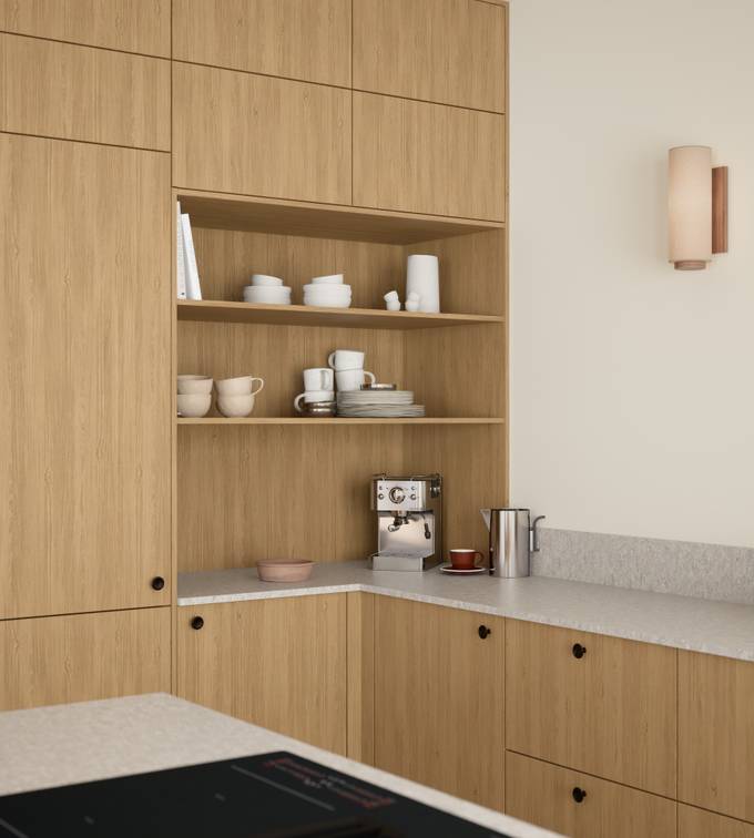 Favn er et kvalitetskjøkken inspirert av naturen. En vakker front i stående finer som gir hele kjøkkenet liv.