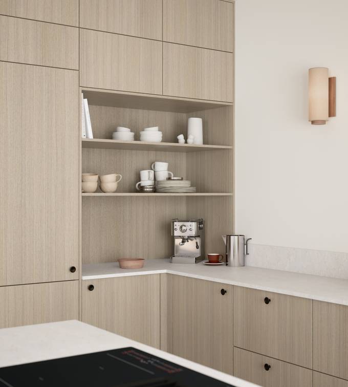 Favn er et kvalitetskjøkken inspirert av naturen. En vakker front i stående finer som gir hele kjøkkenet liv.