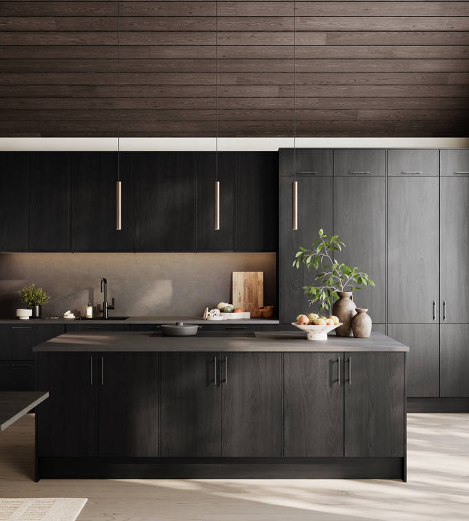 Varde er et kjøkken for deg som ønsker et moderne uttrykk med varme, dybde og tidløs eleganse. Frontene er produsert i slitesterk melamin med et naturtro mønster i stående sort eik, som gir følelsen av ekte tre samtidig som materialet er robust, lettstelt og godt egnet for en aktiv hverdag.