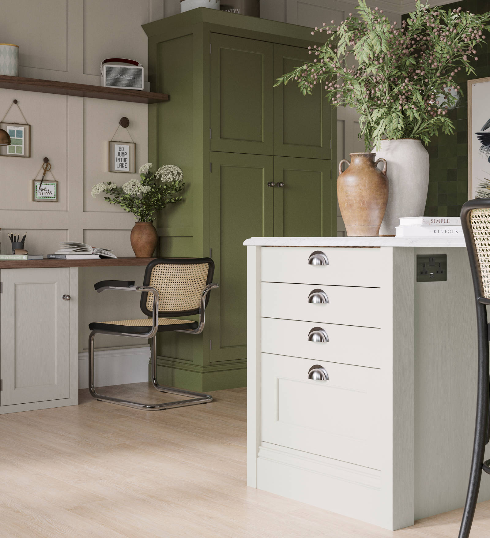 traditional Shaker-style kitchen range featuring panelled doors with visible woodgrain and beading detail