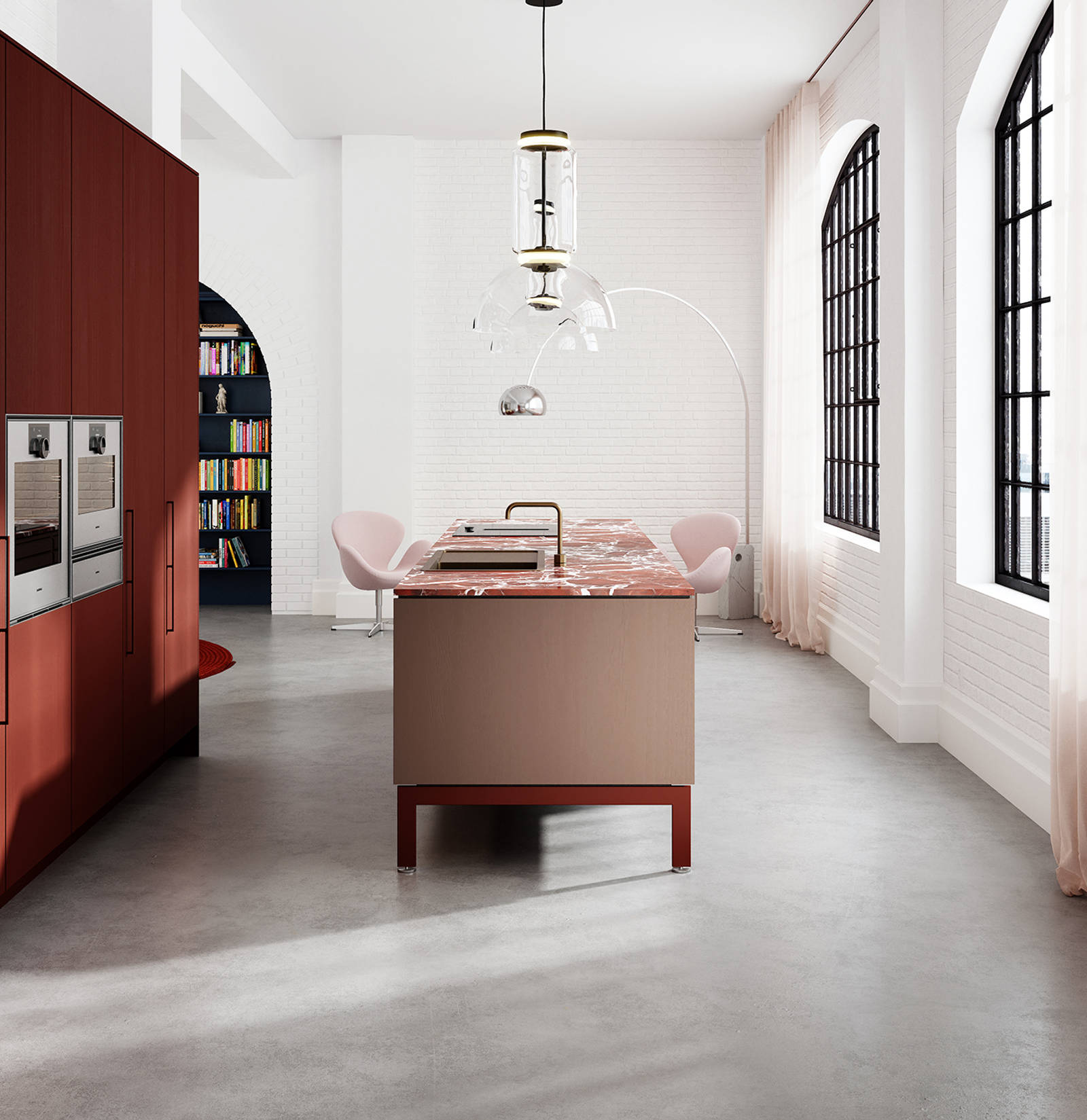 Designkök i färger i Burgundy Red och Dusty Rose i en industriell lägenhet