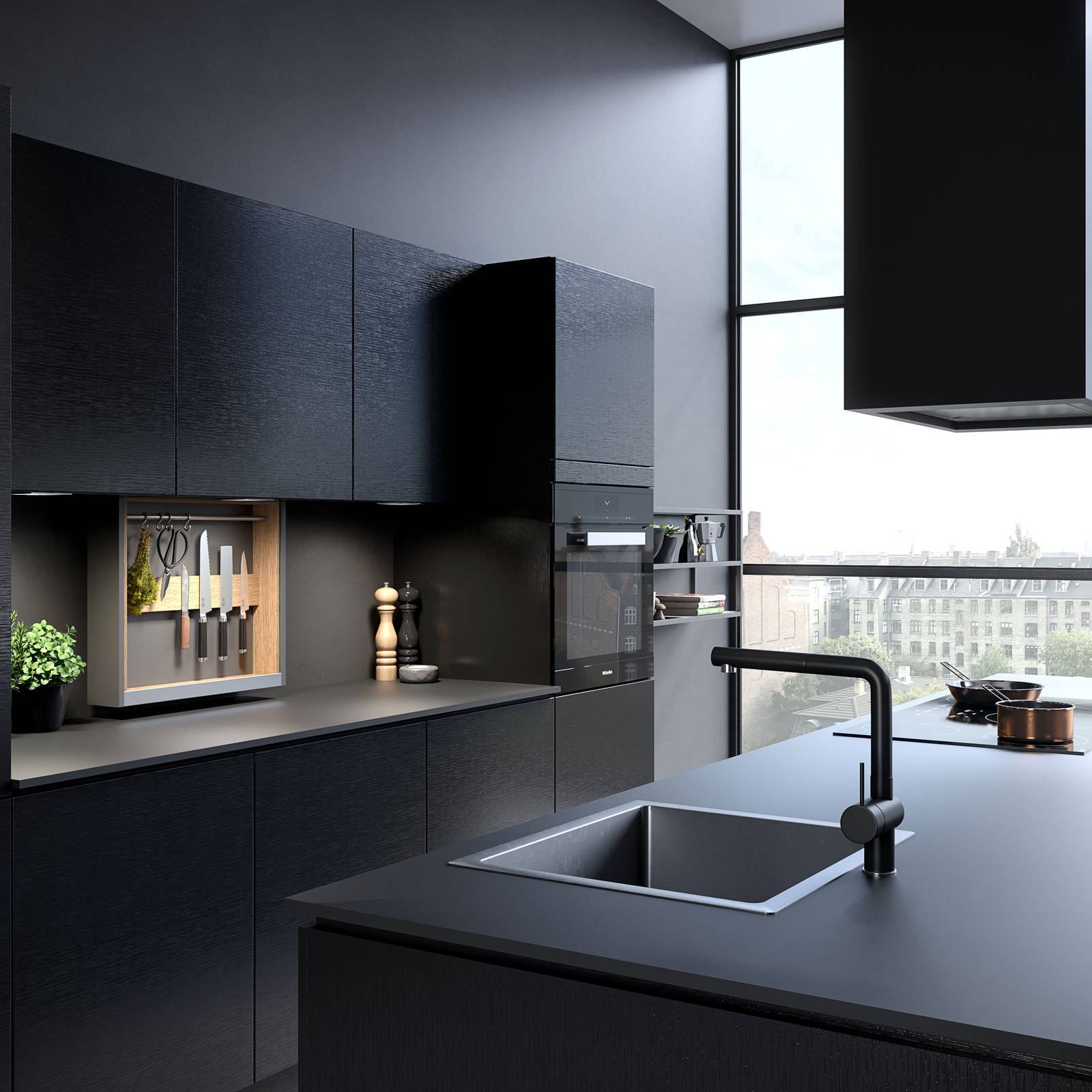 Elegant og moderne eikekjøkken. Slette fronter i eikefinér med integrert kantlist i eik som markerer kjøkkenets linjer og komposisjon.