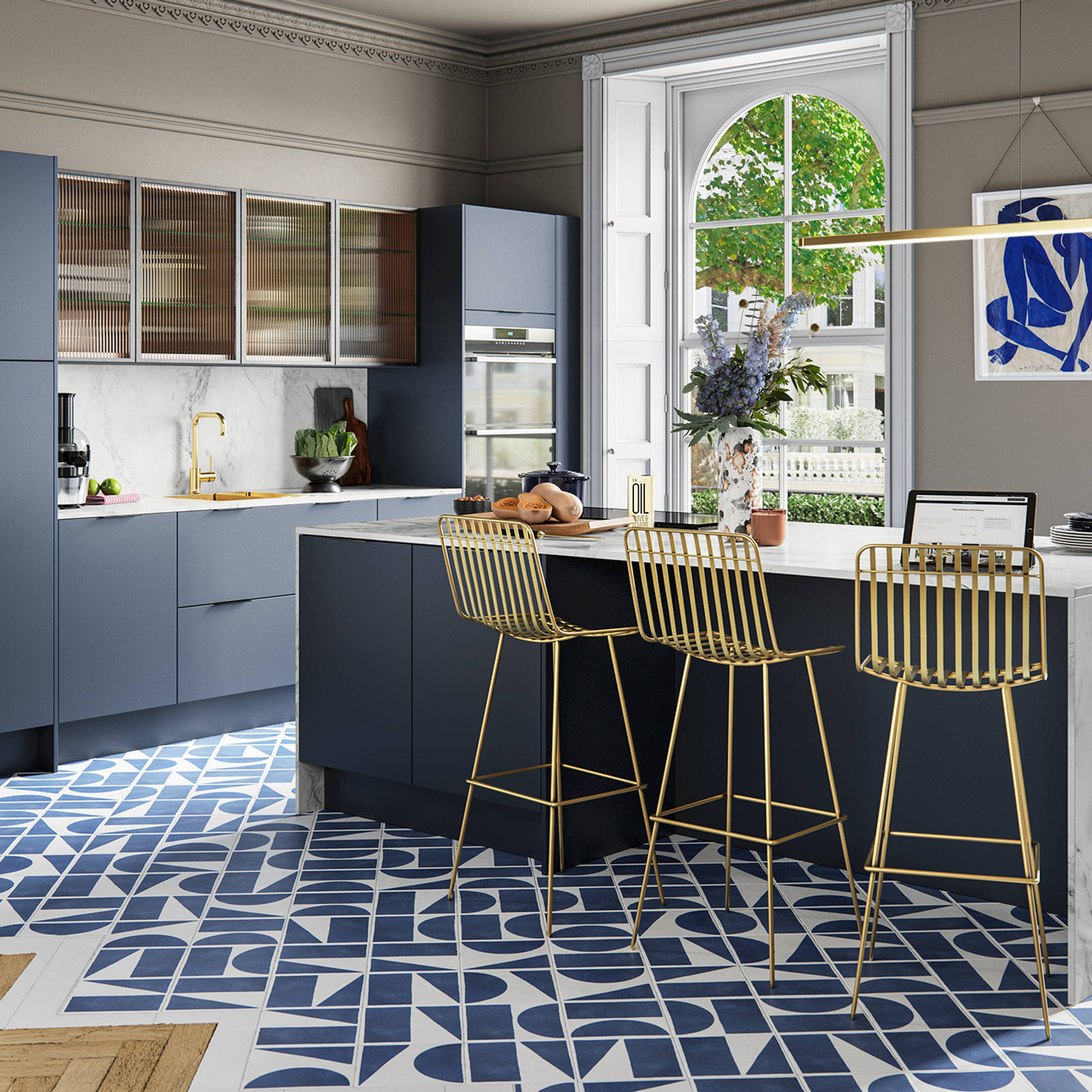 Hoxton kitchen. Smooth slab doors in a painted effect finish. Minimalist styling with your choice of handles and three colours.