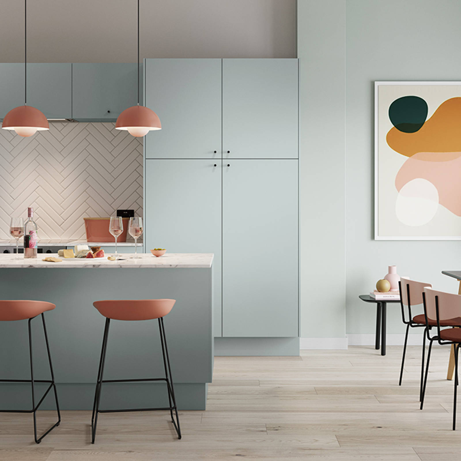 Nova by Magnet. Affordable slab door kitchen available in matt and super glass. 6 colours to choose from.