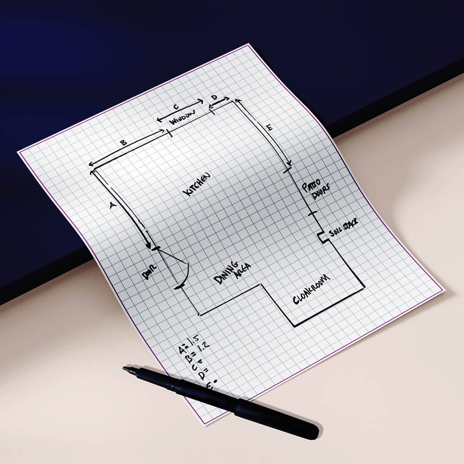 A layout drawing of a room on grid paper