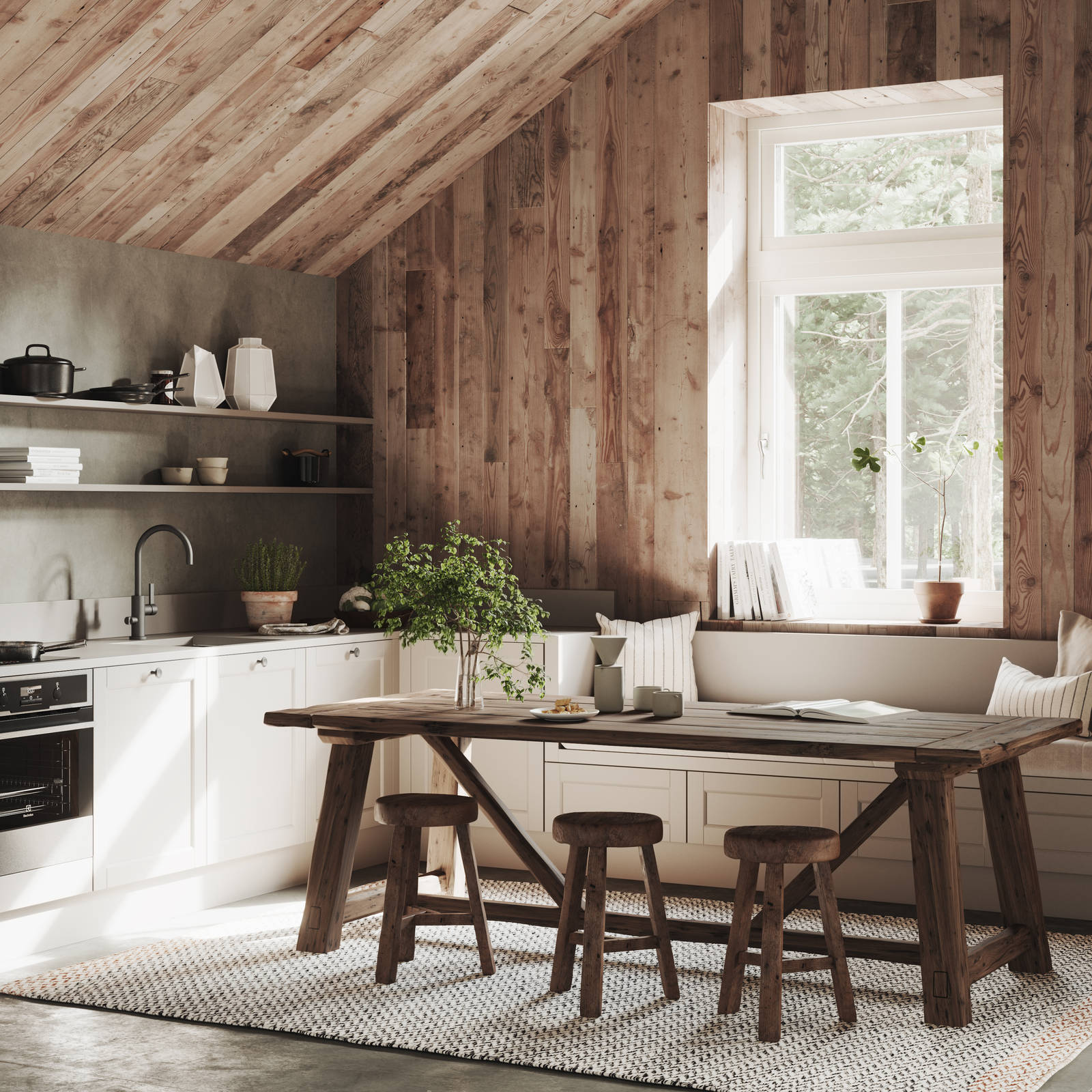 Marbodal Fagerö Frö - kökslucka i gråbeige kulör. Bänkskiva Mullvad Matt i laminat. Handtag Bell svart. Längst väggen en kökssoffa av köksskåp samt långa öppna hyllplan med plats för allt du behöver i kökslivet.