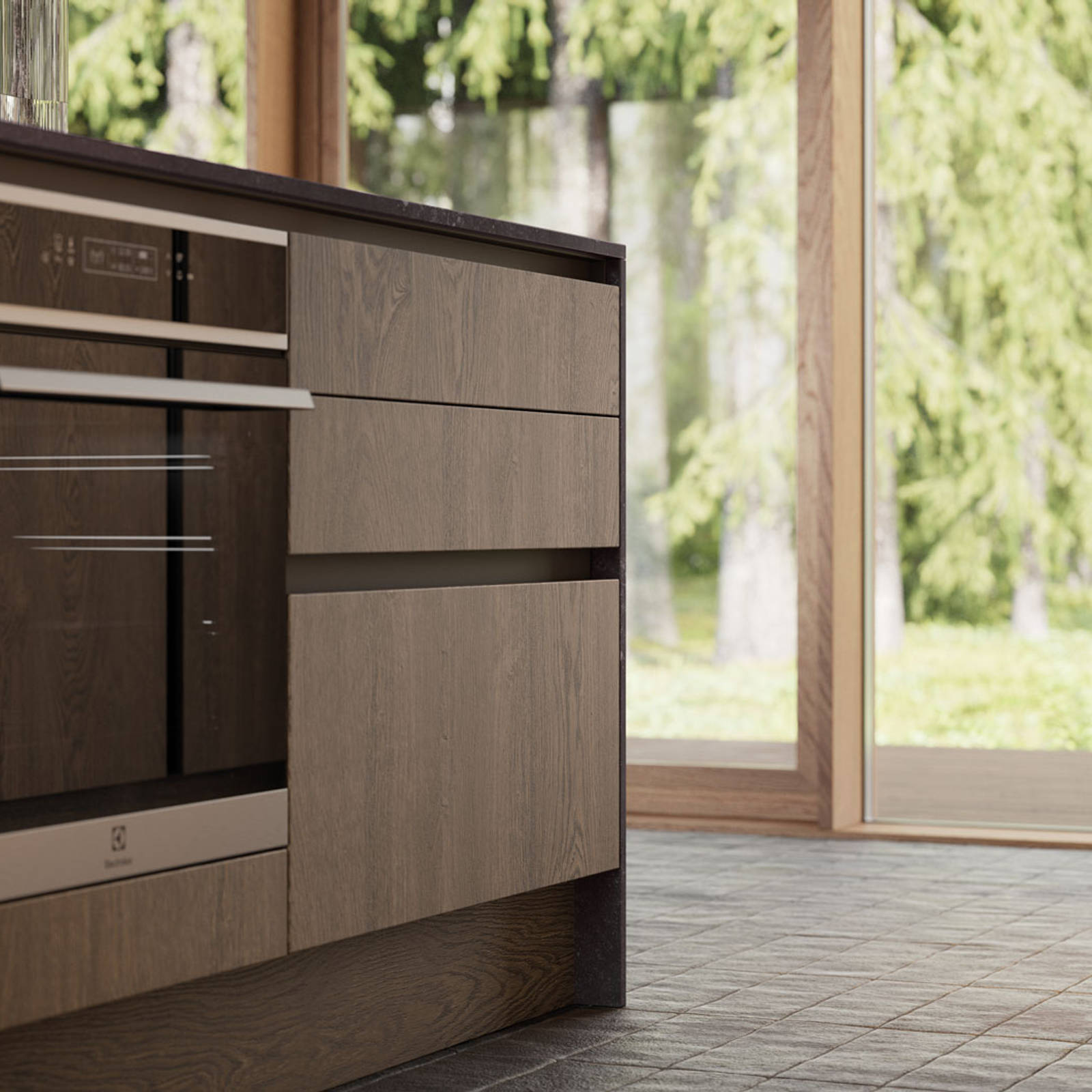 Integra Nordic Nature. Modern kitchen concept with a sleek handless design and fluted oak effect wood doors