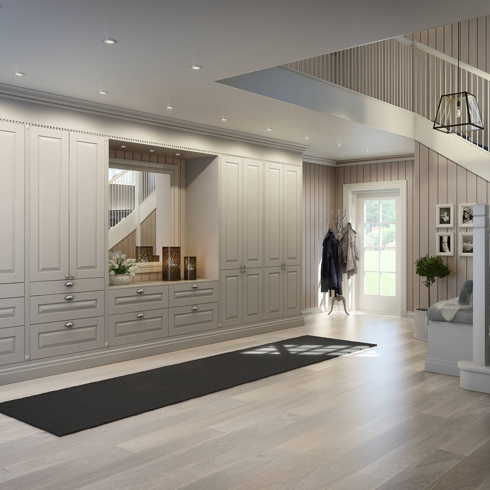 Enten du vil bygge et innbydende inngangsparti eller en plassrik soveromsgarderobe er Herregaard en svært anvendelig modell som kan tilpasse alle romstørrelser og planløsninger. Hjemmet ditt får et herskapelig klassisk preg, med fremtrukket sokkel, profilerte fronter og listverk.