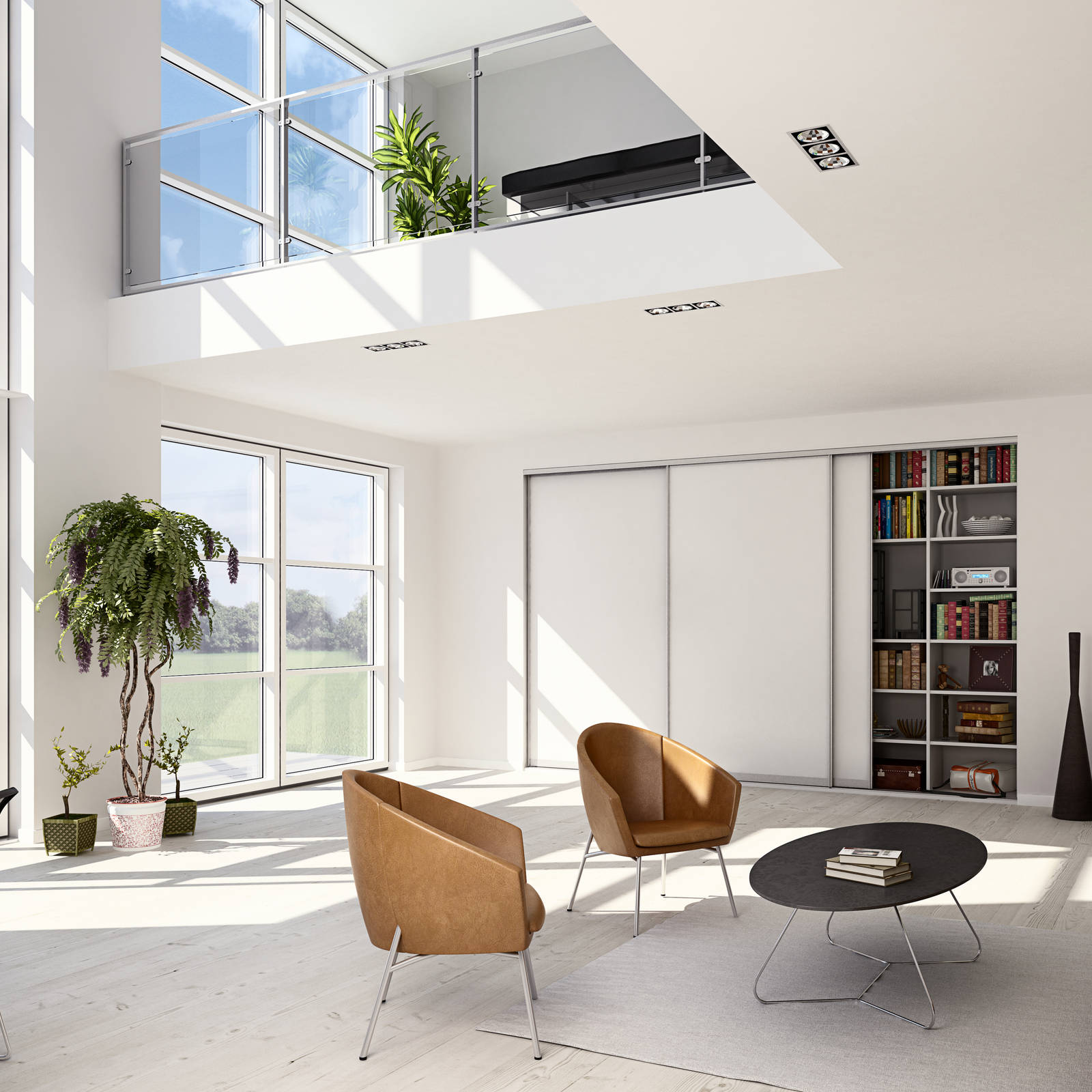 Hvide skydedøre med metalramme i stue