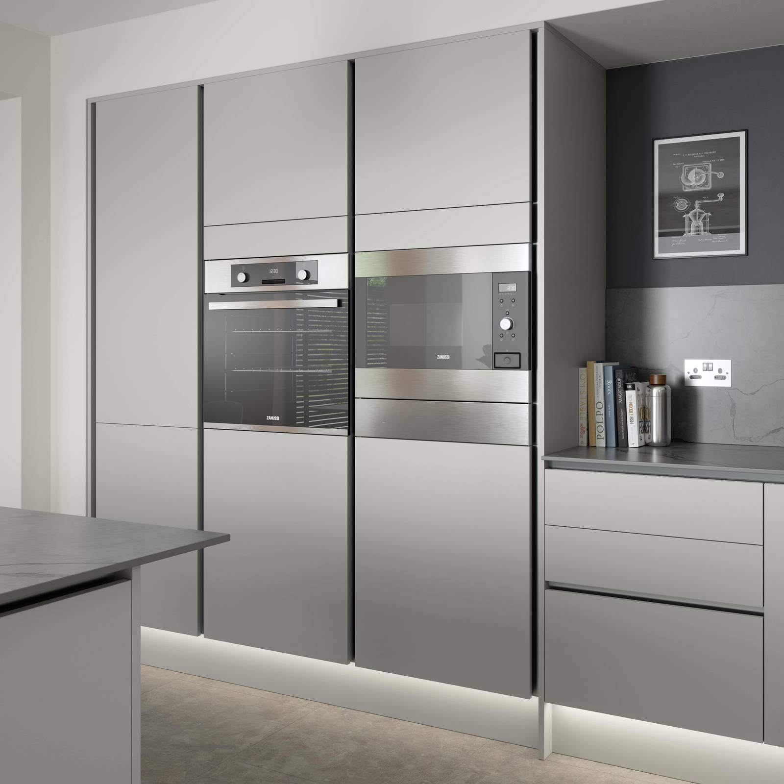 Integra Nova Grey by Magnet. Matt finished handless option with trim brushed in aluminum for a high end feel.