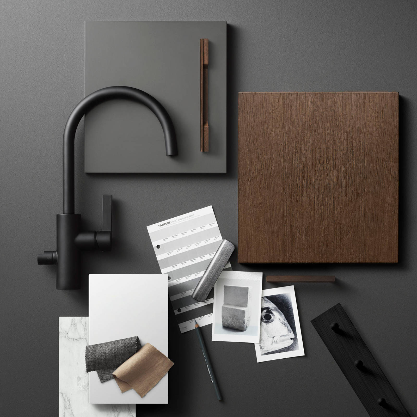 Moodboards med brunbeised ekfront, grå malt slett front, mat sort kran