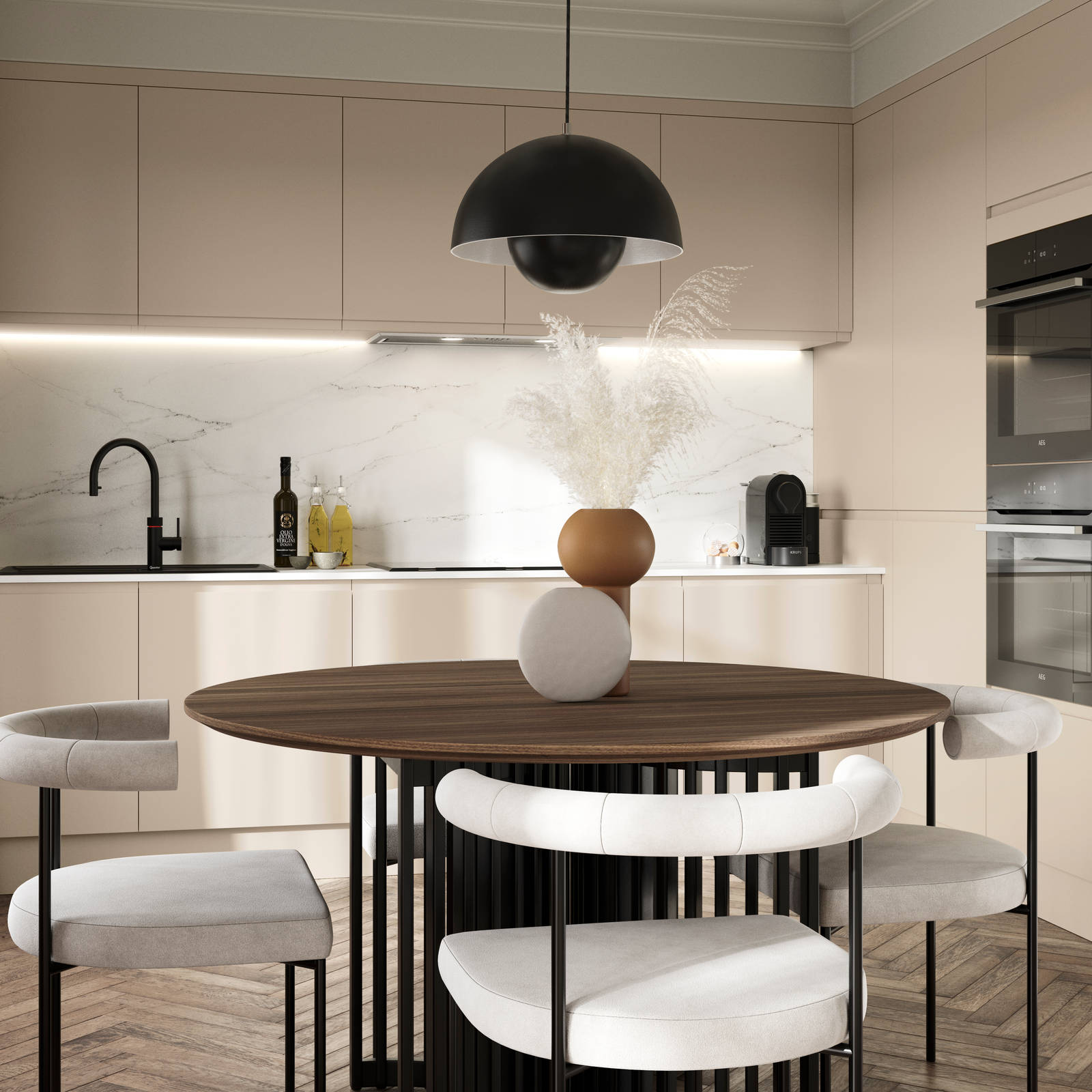 Luna in the shade Pebble is the ideal base for a minimalist kitchen design with its integrated handle that gives any kitchen a beautiful, sleek finish.