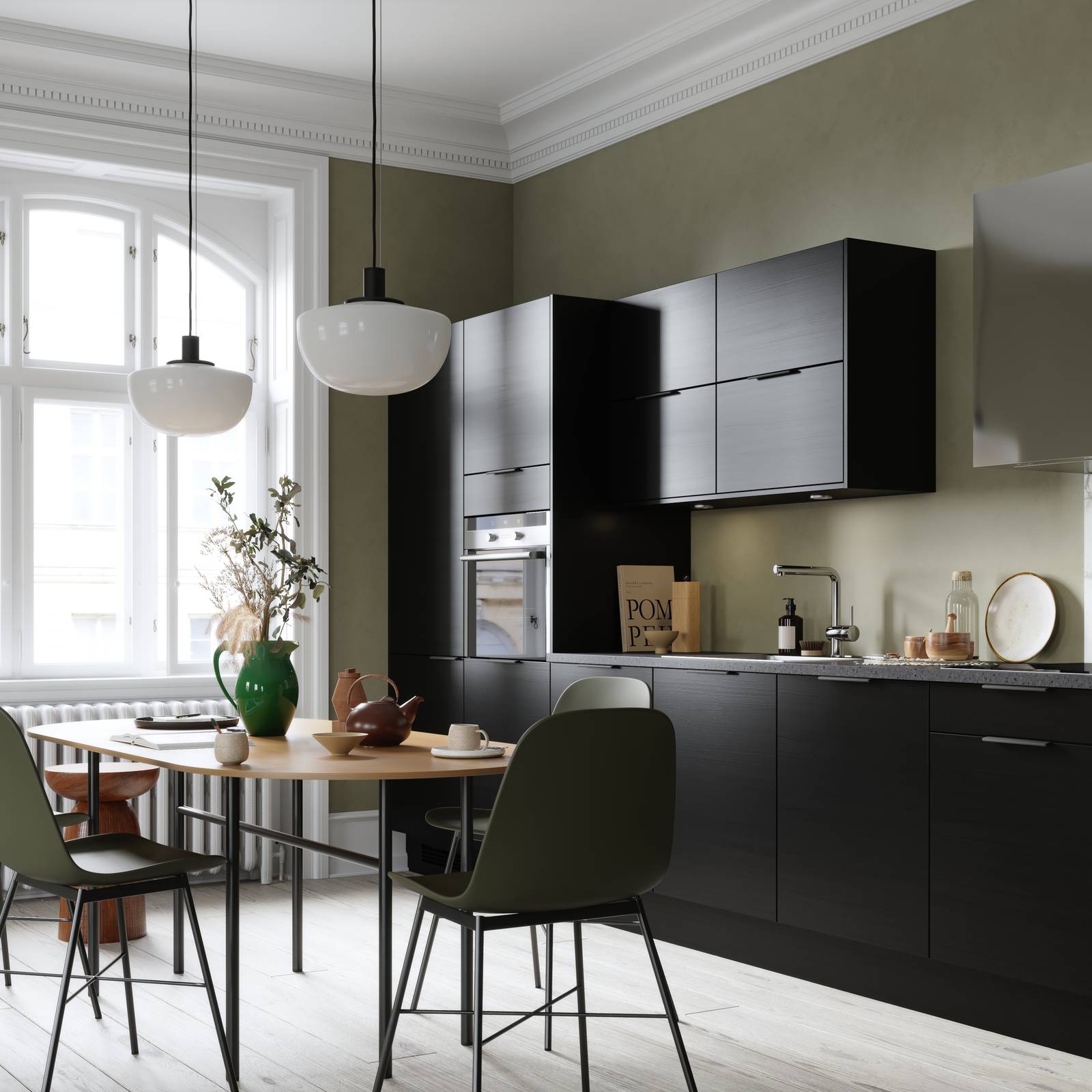 Norema kjøkken Trapes Sort Eik  moderne kjøkken sort eikekjøkken marmor