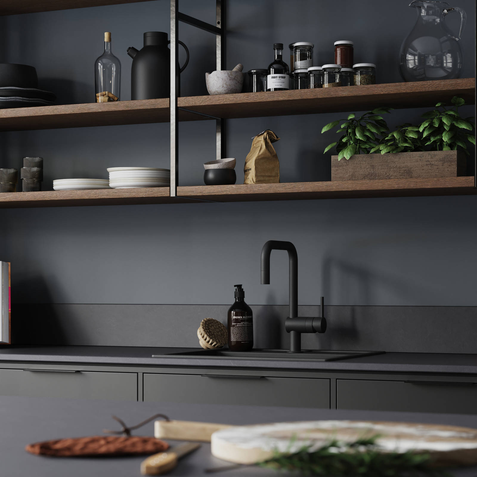 Norema kjøkken Design Akse areal mørk grå åpne hyller