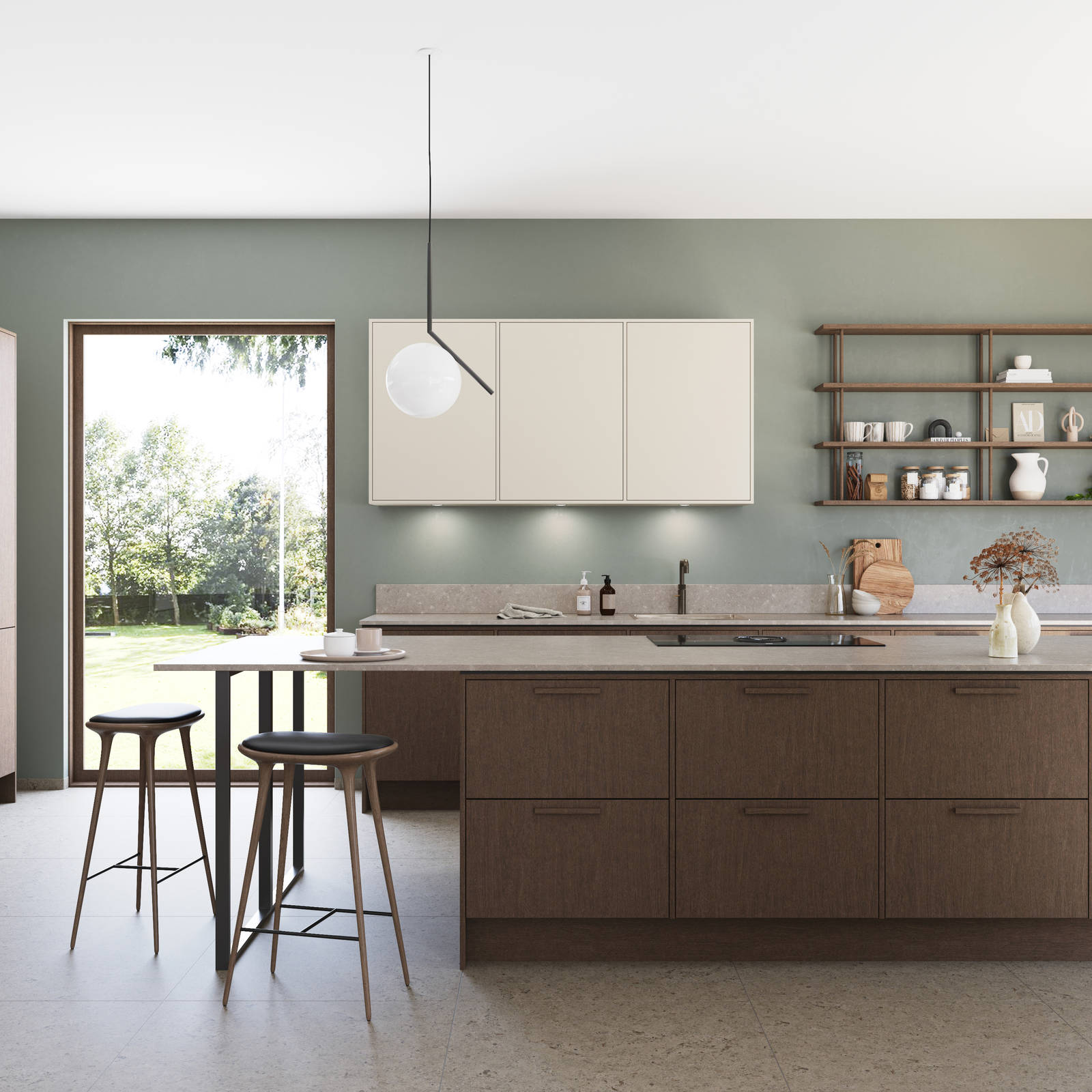 Norema kjøkken Design Akse areal beige kjøkkenøy åpne hyller