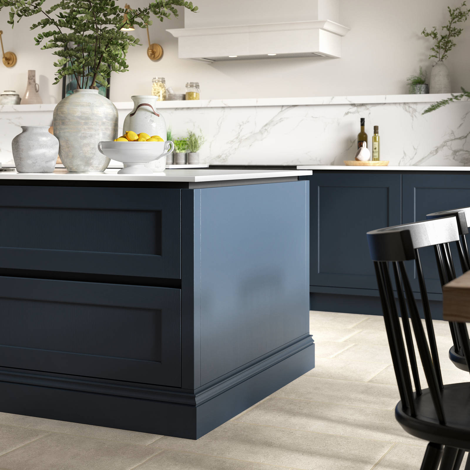 Close-up of kitchen island in Integra Ludlow, a contemporary take on a Shaker kitchen, with integrated handles.