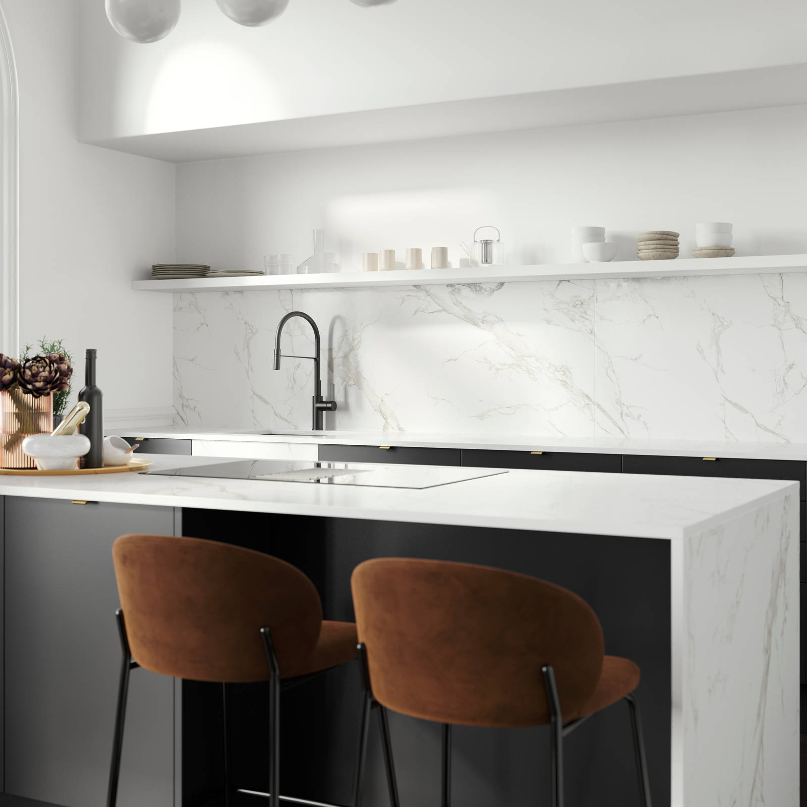 Bar stools at kitchen island, covered with marbled decor side in Magnet's minimal maximalism Hoxton kitchen in Sumi Black.