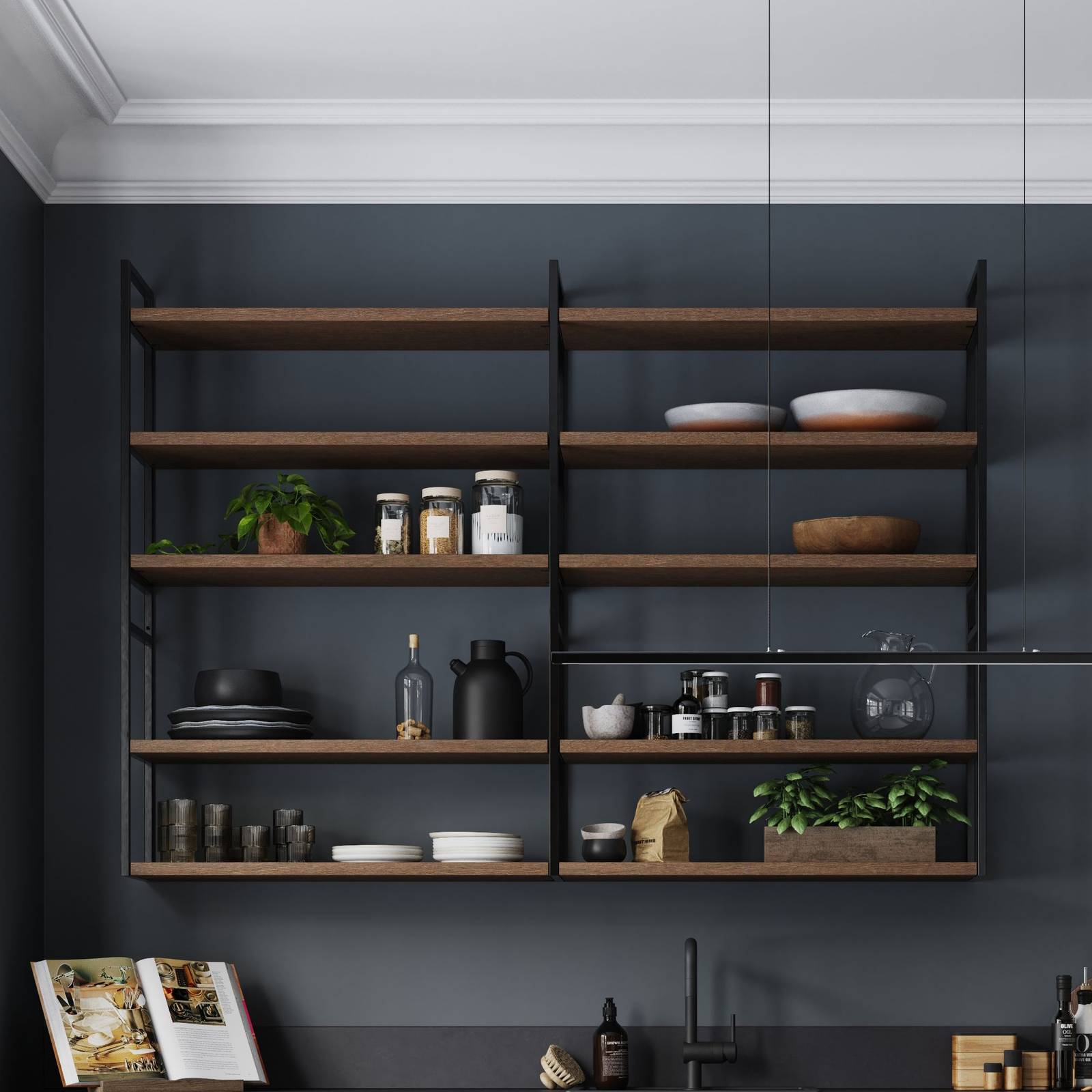Norema kjøkken Design Akse + areal mørk grå kjøkkenøy åpne hyller