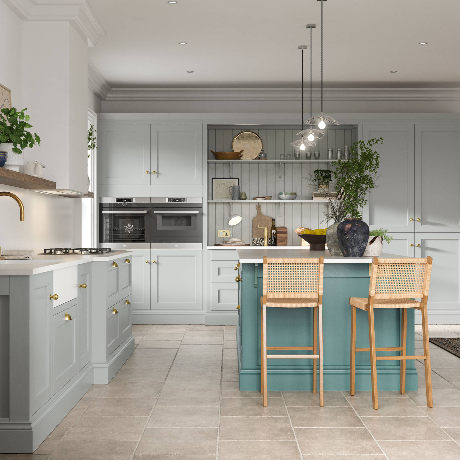 Traditional Shaker-style kitchen range in light grey with a blue kitchen island.