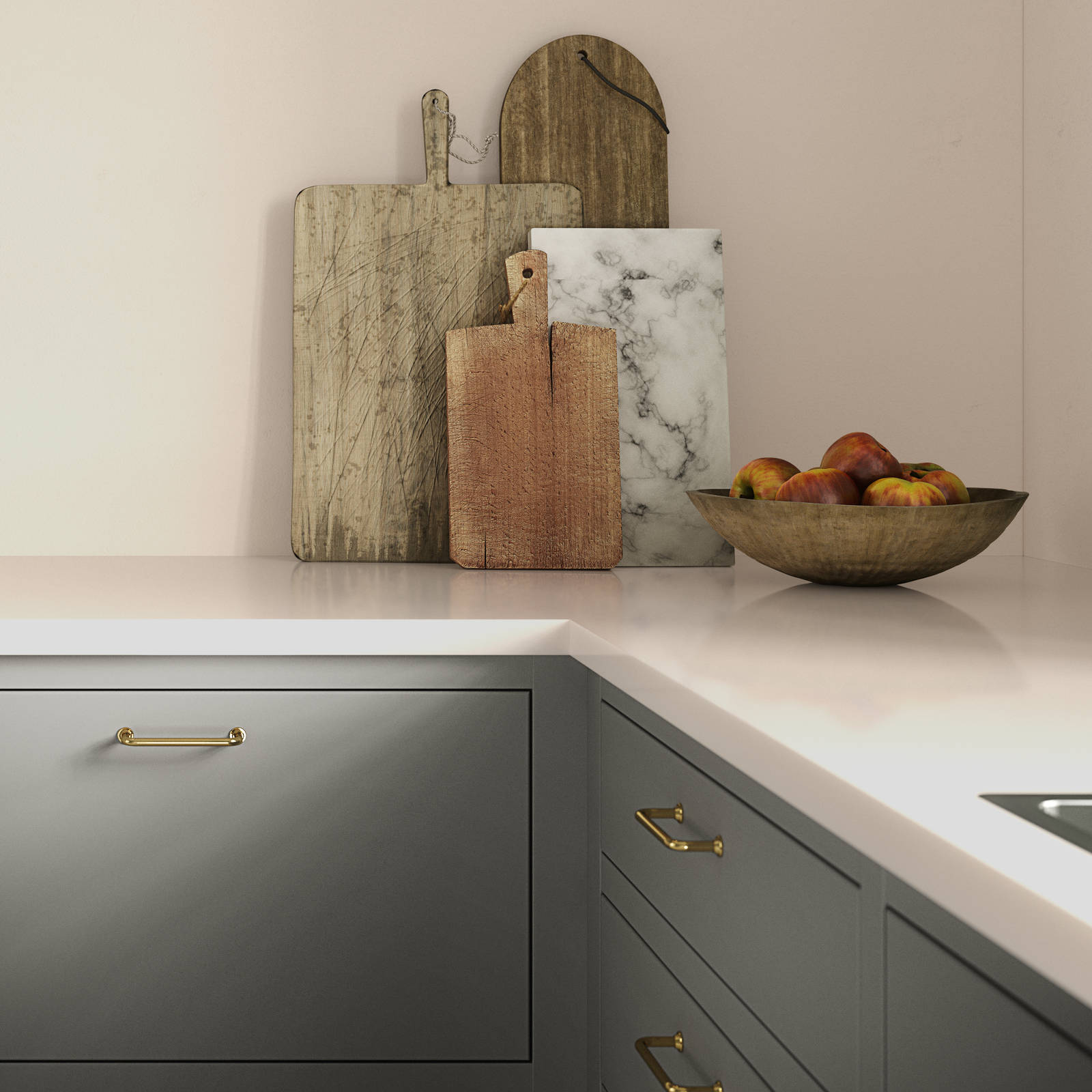 Nærbillede av forrammekøkken Athena Fusion i lys grå farve Sky fra INVITA med grå stein bordplade, rustfrit stål håndtag