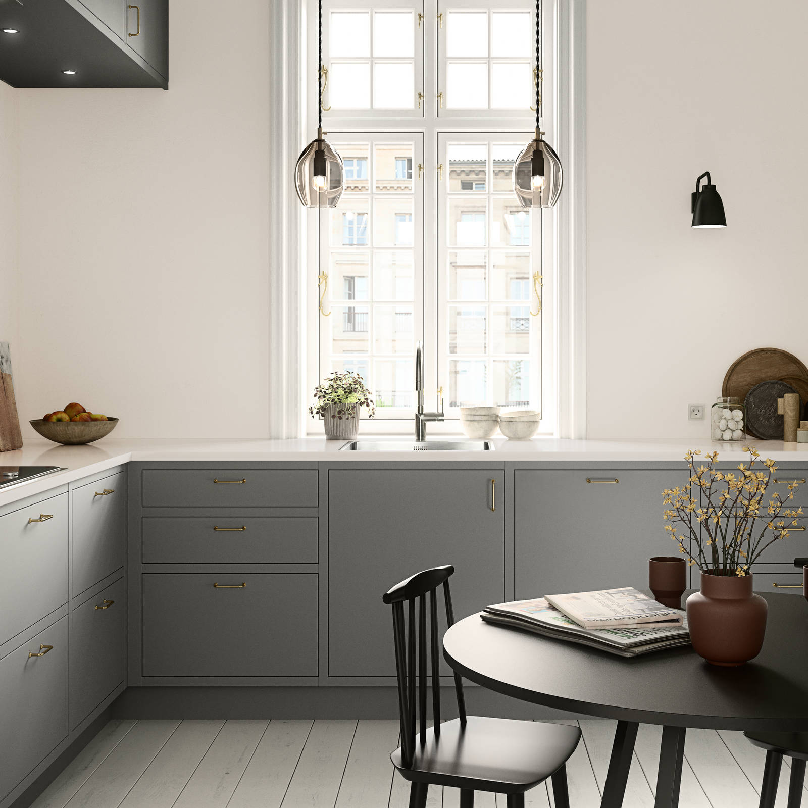 Forrammekøkken Athena Fusion i lys grå farve Sky fra INVITA med grå stein bordplade, rustfrit stål håndtag