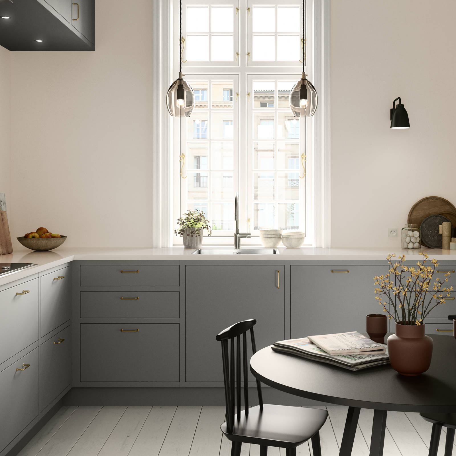 Forrammekøkken Athena Fusion i lys grå farve Sky fra INVITA med grå stein bordplade, rustfrit stål håndtag