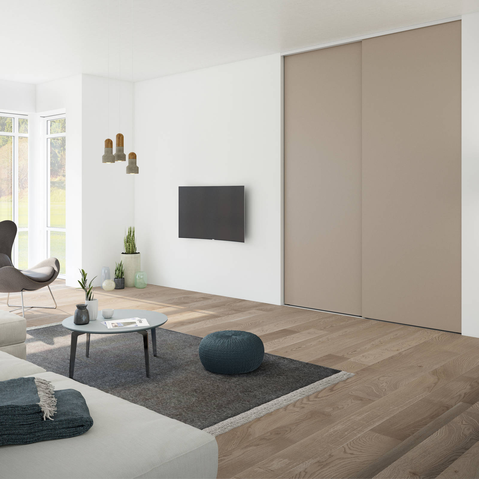 Garderobe i stue med beige skydedøre