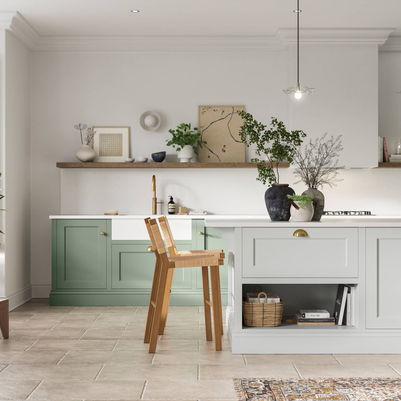 Traditional Shaker-style kitchen range in Eucalyptus Green with a light grey Fresh Linen shade kitchen island.