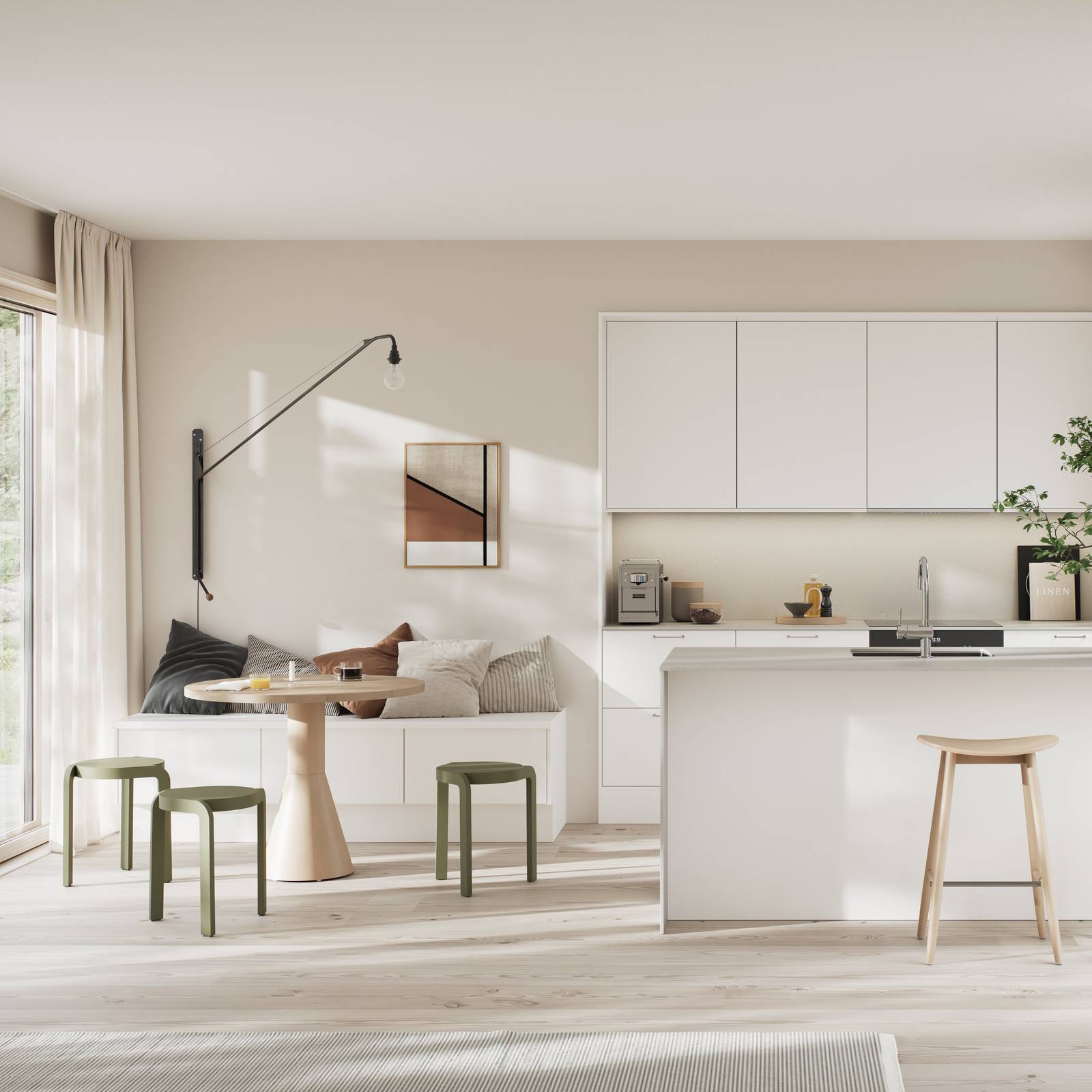 Moderne kjøkken i hvit høytrykkslaminat med betong laminatbenkeplate, stål håndtak, bardisk i kjøkkenøya med tre stoler og sittbenk i matchende skap med spisebord i lys tre