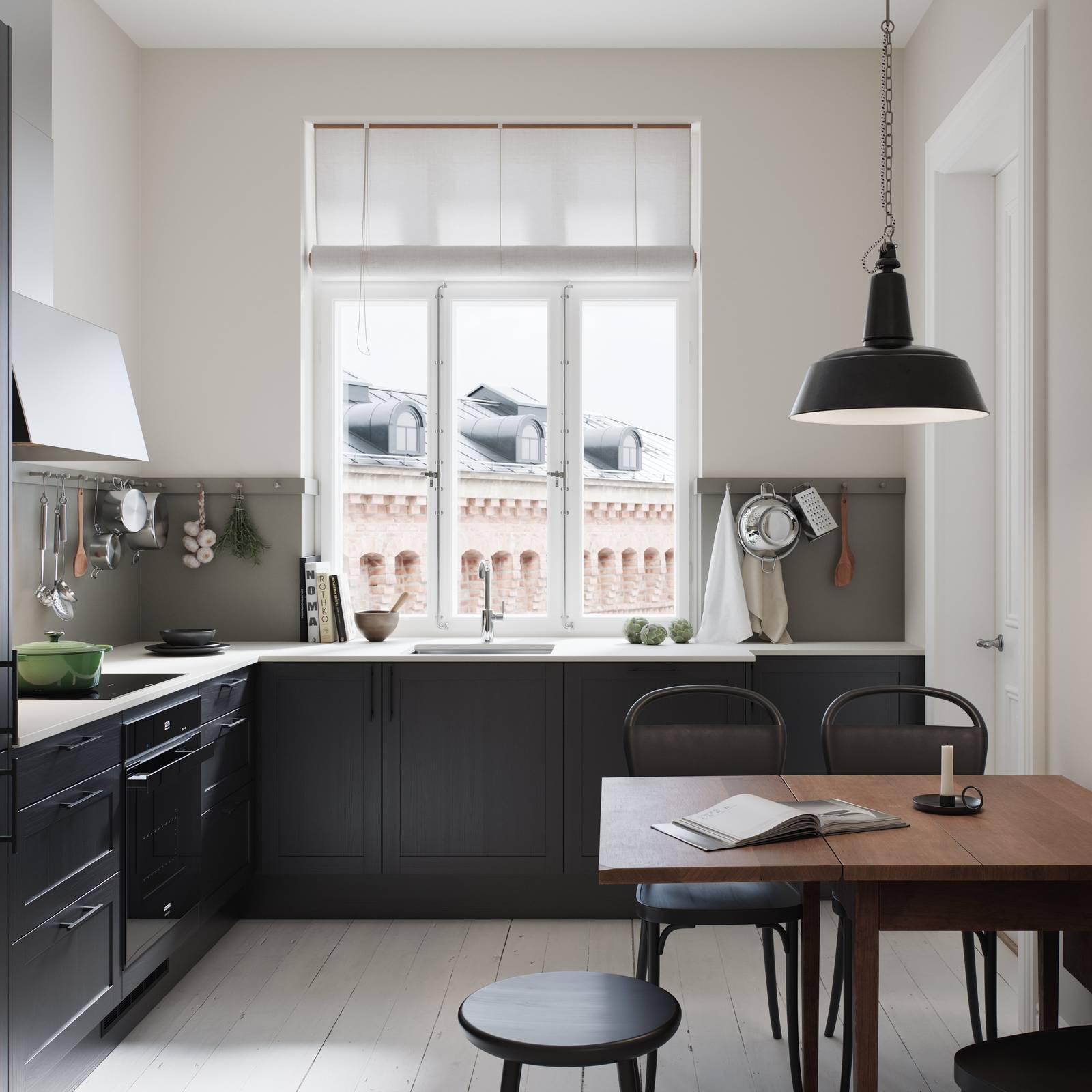 Nærbild på modern og lekker kjøkkenmodell i mdf med smal ramme og vakker eikestruktur, i sort eik med Corian Glacier white benkeplate, håndtak i sort støpejern og kran i rustfritt stål.