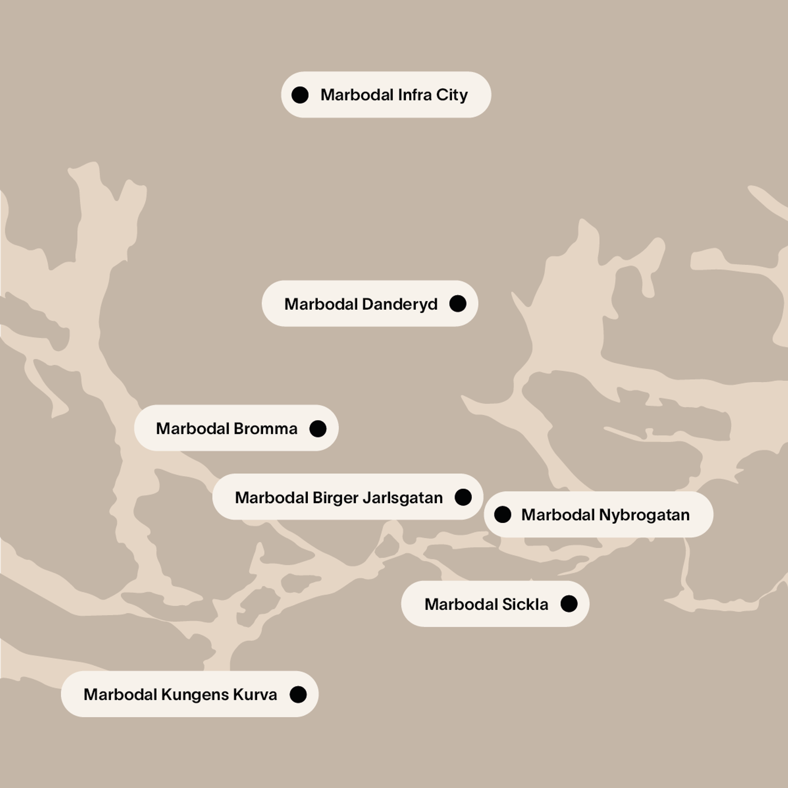 Karta över Marbodals butiker i stockholm, nybrogatan, birger jarlsgatan, bromma, Infra city, danderyd, Kungens kurva och sickla