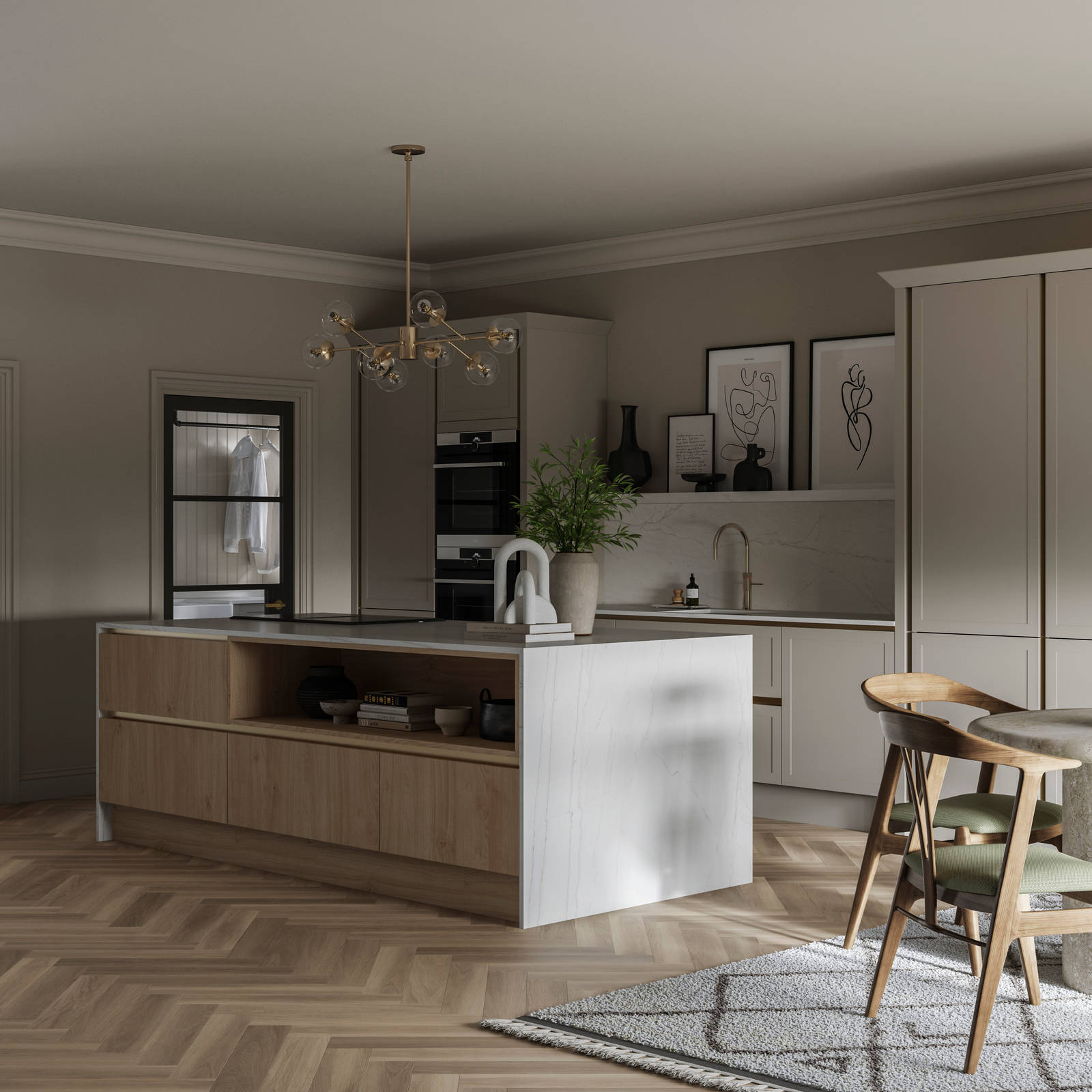 Integra Ascoli Pebble kitchen with Natural oak kitchen island. Neutral kitchen with earh tones in interior and decorations.