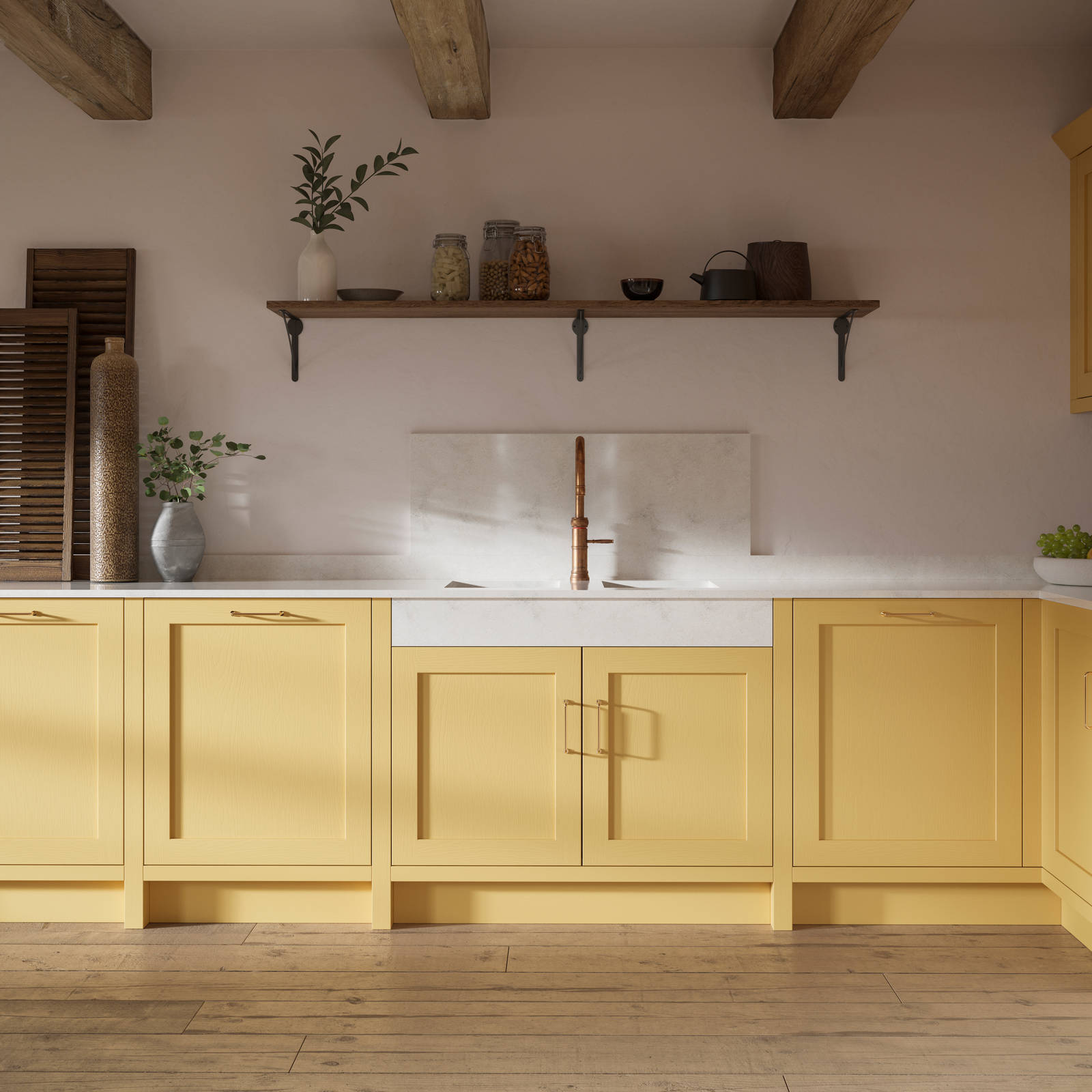 Shaker kitchen in the bright and beautiful yellow shade Harvest, paired with open wooden shelf and a marbled worktop.