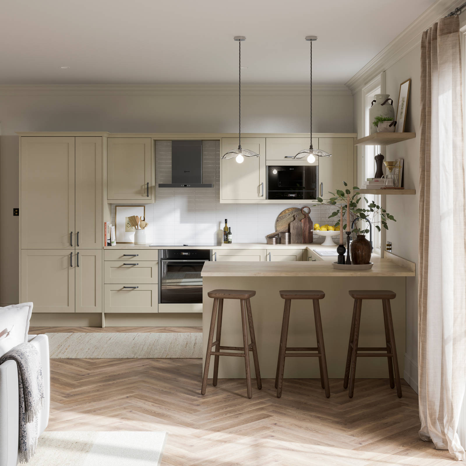 Full open plan room view of Tatton Sage from Magnet, a contemporary narrow frame shaker door.