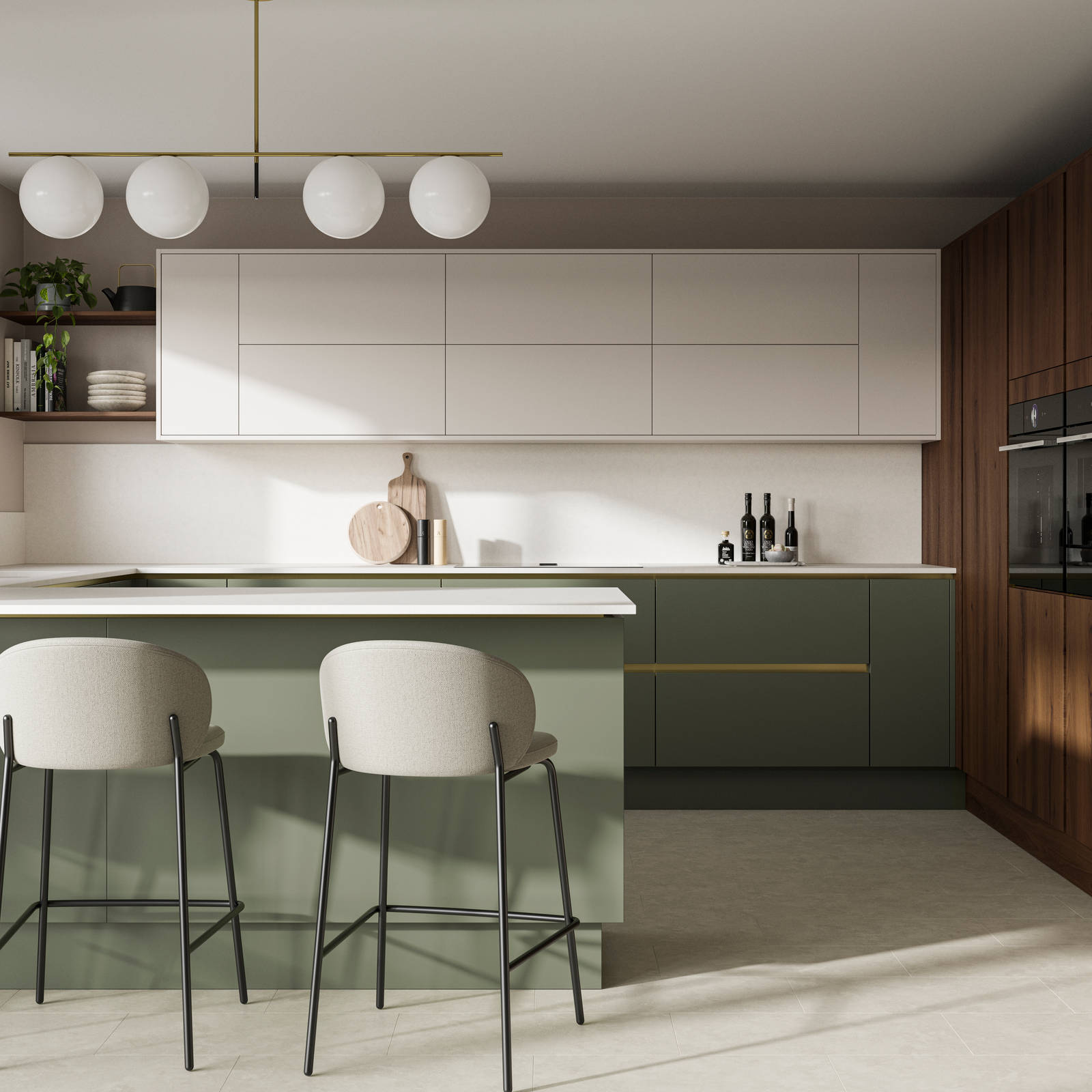 Integra Portobello tall cabinetry with integrated ovens, paired with painted handleless slab front Integra Soho cabinets in Shades Thyme and wall cabinets in shade Limestone, from Magnet.
