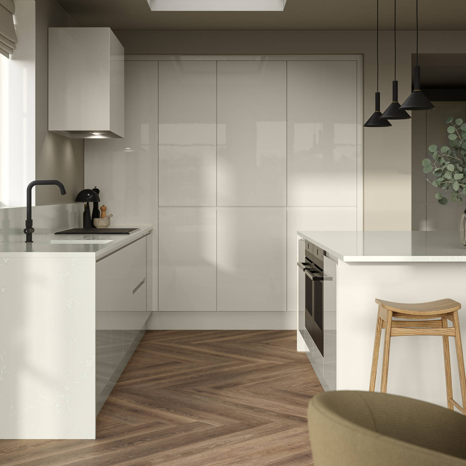 Corner of Luna Gloss Limestone kitchen with tall cabinets, kitchen island featuring an integrated oven, a breakfast bar with wood stools, a black tap and white extractor hood, Amtico smouldered oak in parquet flooring.